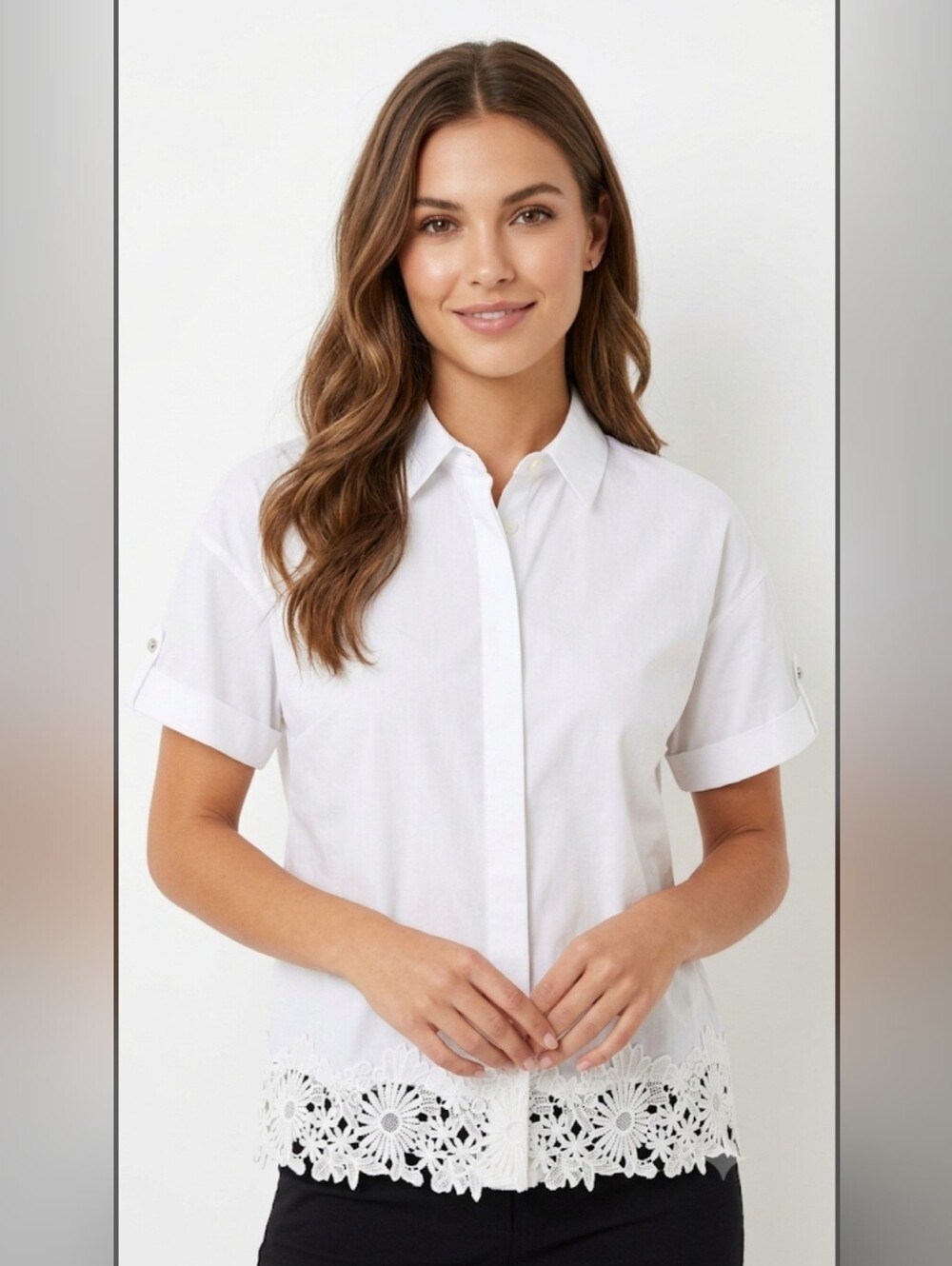 KARL LAGERFELD White Women's Button-Front Shirt with Lace Hem Size XS